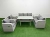Fimous PE Rattan Garden Furniture Set Reclining Chair Sofa Double Love Seat 2 Seater Sofa Lounge Set Rectangular Dining Table 2 Side Table Light Grey