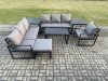 Fimous Aluminium 8 Seater Garden Furniture Outdoor Patio Sofa Set with Rectangular Coffee Table Armchair Big Footstool 2 Side Tables Dark Grey