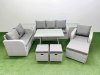 Fimous Rattan High Back Lounge Sofa Set Patio Dining Table & Chairs Set with 3 Seater Sofa Reclining Chair 2 Side Tables 3 Stool Light Grey