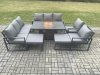 Fimous Aluminium Outdoor Garden Furniture Set Patio Lounge Sofa Gas Fire Pit Dining Table Set with 2 Big Footstools Dark Grey