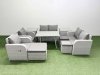 Fimous 9 Seater Rattan Garden Furniture Set Outdoor Love Sofa Set with Rectangular Dining Table 2 Side Tables 3 Footstools Light Grey