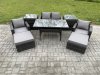Fimous Outdoor Lounge Sofa Garden Furniture Set Rattan Rectangular Dining Table with Double Seat Sofa Armchair 2 Big Footstool 2 Side Tables 6 Seater Dark Grey Mixed