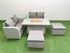 Fimous 6 Seater Outdoor Love Sofa Set Rattan Garden Furniture Set with Firepit Dining Table 2 Footstool Side Table Light Grey