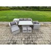 Fimous Outdoor Rattan Garden Funiture Set Height Adjustable Rising Lifting Table Sofa Dining Set with 2 Armchairs Side Table Footstools