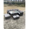 Fimous Rattan Corner Sofa Set Gas Firepit Dining Table Set Patio Heater Burner With Big Footstool Dark Grey Mixed 9 Seater