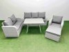 Fimous Rattan High Back Lounge Sofa Set Patio Dining Table & Chairs Set with 3 Seater Sofa Reclining Chair Big Stool Light Grey