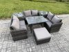Fimous Rattan Garden Furniture Set 7 Seater Patio Outdoor Love Sofa Set with Rectangular Dining Table 2 Side Tables Big Footstool Dark Grey Mixed