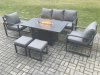 Fimous Aluminium Outdoor Garden Furniture Set Gas Fire Pit Dining Table Set Gas Heater Burner with 2 Arm Chair 2 Small Footstools Dark Grey 7 Seater