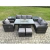 Fimous Garden Patio Furniture Wicker Rattan Gas Fire Pit Table and Sofa Chair set with 2 Side Tables 2 Small Footstool