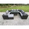 Fimous Outdoor Rattan Garden Furniture Sofa Set Patio Adjustable Rising Lifting Dining Table Set with Side Table Big Footstool 10 Seater Dark Grey Mixed