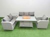 Fimous Patio PE Wicker 6 Seater Outdoor Rattan Furniture Sofa Sets with Firepit Dining Table Reclining Chair Loveseat Sofa 3 Seater Sofa Side Table Light Grey