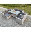 Fimous Light Grey Rattan Garden Furniture Set Gas FirePit Dining Table Heater Burner Lounge Sofa Set Chairs Footstool