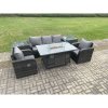 Fimous Outdoor Rattan Garden Furniture Set Propane Gas Fire Pit Table Burner with Lounge Sofa 2 Side Tables
