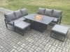 Fimous Aluminium 8 Seater Outdoor Garden Furniture Lounge Sofa Set Gas Fire Pit Dining Table with 2 Big Footstools Dark Grey