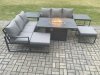 Fimous Aluminium Outdoor Lounge Sofa Garden Furniture Sets Gas Fire Pit Dining Table Set with 2 Big Footstools 2 Side Tables Dark Grey
