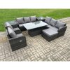 Fimous Rattan Outdoor Garden Furniture Sets Height Adjustable Rising lifting DiningTable Sofa Set with Reclining Chair 2 Side Table Big Footstool Dark Grey Mixed