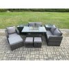 Fimous Outdoor Sofa Rattan Garden Furniture Set Patio Gas Fire Pit Dining Table and Reclining Chair set with 2 Side Tables 3 Footstools Dark Grey Mixed