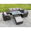 Fimous Rattan Wicker Garden Furniture Patio Conservatory Sofa Set with Rectangular Dining Table Reclining Chair 3 Seater Sofa Big Footstool Side Table