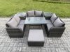 Fimous Rattan Garden Furniture Set 7 Seater Patio Outdoor Love Sofa Set with Rectangular Dining Table 2 Side Tables Big Footstool Dark Grey Mixed