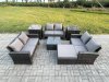 Fimous 7 PCS Outdoor Lounge Sofa Set Wicker PE Rattan Garden Furniture Set with Square Coffee Table Double Seat Sofa 2 Side Tables Big Footstool Dark Grey Mixed