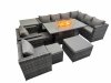 Fimous Garden Rattan Furniture Set 11 Seater Outdoor Corner Sofa 2 Chair Gas Firepit Dining Table Set with 3 Stools Side Table Dark Grey