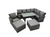 Fimous 9 Seater Garden Outdoor Rattan Furniture Set Rattan Corner Sofa Oblong Dining Table with Armchair 2 Big Footstools Dark Grey