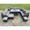 Fimous Outdoor Rattan Furniture Garden Dining Set Gas Fire Pit Table With Lounge Sofa 3 Footstool