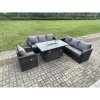 Fimous Rattan Outdoor Furniture Gas Fire Pit Rectangle Dining Table Gas Heater Reclining Chair 3 Seater Sofa Sets 7 Seater