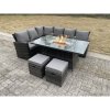 Fimous High Back Rattan Garden Furniture Sets Gas Fire Pit Dining Table Set Gas Heater Left Corner Sofa Small Footstools 8 Seater
