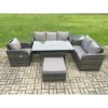 Fimous 7 Seater Garden Rattan Furniture Dining Table Sofa Set Indoor Outdoor with Reclining Chairs Big Footstool Side Table Dark Grey Mixed