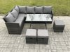 Fimous Wicker Rattan Garden Furniture Corner Sofa Set with Oblong Dining Table 3 Small Footstools 9 Seater Outdoor Rattan Set Dark Grey Mixed