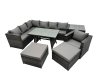 Fimous 9-seater Outdoor PE Rattan Sofa Set with Dining Table Patio Garden Furniture Sets with Chair Side Table 2 Big Stools Dark Grey Mixed