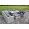 Fimous 11 Seater Outdoor PE Rattan Garden Funiture Set Height Adjustable Rising Lifting Table Sofa Dining Set with Side Table 2 Big Footstools