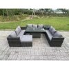 Fimous Outdoor Rattan Garden Furniture Sofa Set Patio Adjustable Rising Lifting Dining Table Set with Side Table Big Footstool 10 Seater Dark Grey Mixed