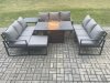 Fimous Aluminium 10 Seater Garden Furniture Outdoor Set Patio Lounge Sofa Gas Fire Pit Dining Table Set with Big Footstool Side Table Dark Grey
