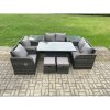 Fimous Wicker PE Rattan Furniture Garden Dining Set Outdoor Height Adjustable Rising lifting Table Love Sofa Chair With 2 Side Table Stools