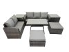 Fimous 7 Seater Garden Outdoor Rattan Furniture Set Rattan Sofa Oblong Dining Table with 2 Side Tables 2 Big Stools Dark Grey