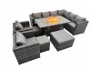 Fimous Garden Rattan Furniture Set 11 Seater Outdoor Corner Sofa 2 Chair Gas Firepit Dining Table Set with 3 Stools Dark Grey