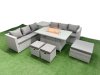 Fimous 9 Seat PE Rattan Lounge Sofa Set Outdoor Garden Furniture Set with Firepit Dining Table 3 Seater Sofa 3 Stools Side Table Light Grey