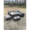 Fimous Rattan Corner Sofa Set Gas Firepit Dining Table Set Patio Heater Burner With Big Footstool Dark Grey Mixed 9 Seater