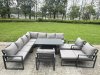 Fimous 11 Seater Aluminium Sofa Set 10 Pieces Outdoor Garden Furniture - Rising Dining Table with Cushions 2 Big Footstools 2 Chair Footstool Dark Grey