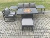 Fimous Aluminium 6 Pieces Garden Furniture Sofa Set with Cushions Gas Fire Pit Dining Table Set with 2 Side Tables Big Footstool Dark Grey
