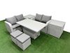 Fimous 6 Seater Outdoor Love Sofa Set Rattan Garden Furniture Set with Adjustable Lifting Dining or Coffee Table 2 Small Stools 2 Side Tables Light Grey