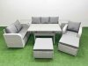 Fimous Patio PE Wicker 8 Seater Outdoor Rattan Furniture Sofa Sets with Rectangular Dining Table Reclining Chair Loveseat Sofa 3 Seater Sofa 2 Big Footstools 2 Side Table Light Grey