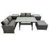 Fimous 5 Seater Wicker PE Rattan Furniture Outdoor Dining Table Double Seat Sofa 2 Side Table Big Stool Set Dark Grey Mixed