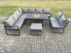Fimous Aluminium 10 Seater Lounge Corner Sofa Outdoor Garden Furniture Sets Gas Fire Pit Dining Table Set with Big Footstool Dark Grey