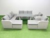Fimous 10 Seater Wicker PE Rattan Furniture Outdoor Dining Table 3 Seater Sofa Reclining Chair Set with Side Table 2 Big Stools Light Grey
