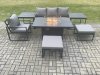 Fimous Aluminium 7 Pieces Garden Furniture Sofa Set with Cushions Gas Fire Pit Dining Table Set with 2 Big Footstools 2 Side Tables Dark Grey