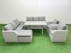 Fimous PE Rattan High Back Lounge Sofa Set Patio Rectangular Dining Table & Chairs Set with 3 Seater Sofa Reclining Chair Big Footstool Light Grey