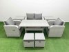 Fimous Light Grey PE Wicker Rattan Garden Furniture Set Sofa Set Reclining Chair Rectangular Dining Table 6 Seater 2 Small Stools 2 Side Table
